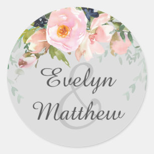 Sticker Rond Mariage Rose Pâle Floral Gris Esperluette