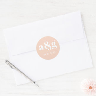 Sticker Rond Mariage rose pêche monogramme simple et élégant