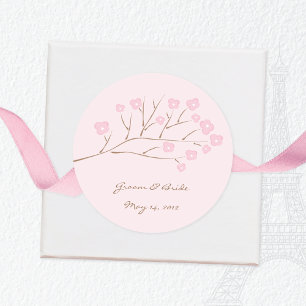 Sticker Rond Mariage rose sur fleurs de cerisiers roses