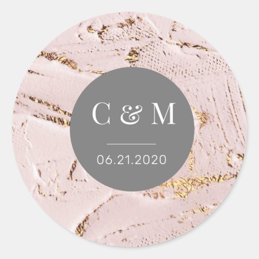 Sticker Rond mariage rose texturé or monogramme (Devant)
