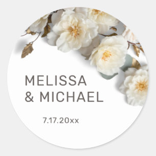 Sticker Rond Mariage Roses 3D Blanc Ivoire