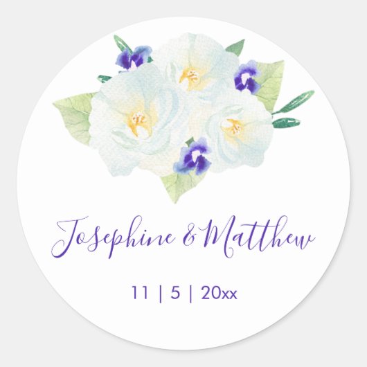 Sticker Rond Mariage Roses blanches et Fleurs violettes (Devant)