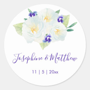 Sticker Rond Mariage Roses blanches et Fleurs violettes