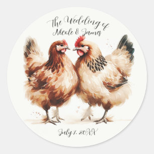 Sticker Rond Mariage rustique à l'aquarelle de poules brunes