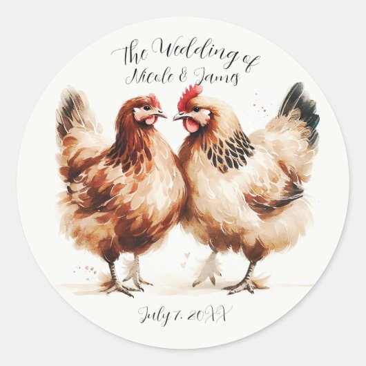 Sticker Rond Mariage rustique à l'aquarelle de poules brunes (Devant)