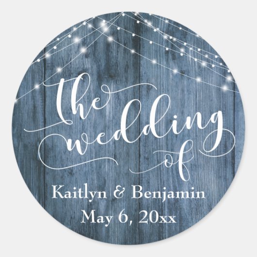 Sticker Rond Mariage Rustique Bleu Bois & Blanc Lumière Chaînes (Devant)