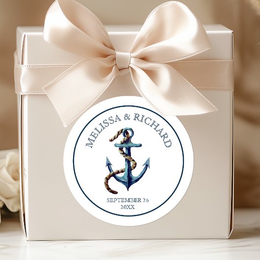Sticker Rond Mariage Rustique Bleu Marine Ancre