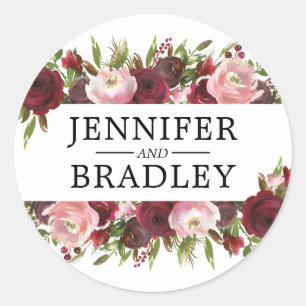 Sticker Rond Mariage Rustique Blush Bourgogne Fleurs