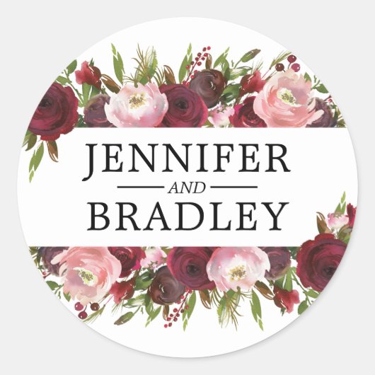 Sticker Rond Mariage Rustique Blush Bourgogne Fleurs (Devant)
