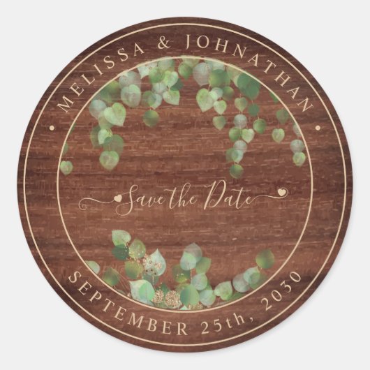 Sticker Rond Mariage Rustique Bois Vert Économisez La Date (Devant)