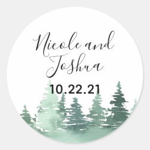 Sticker Rond Mariage rustique de forêt de pins à l'aquarelle
