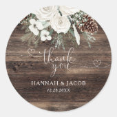 Sticker Rond Mariage Rustique de pin d'hiver Merci Favoriser (Devant)