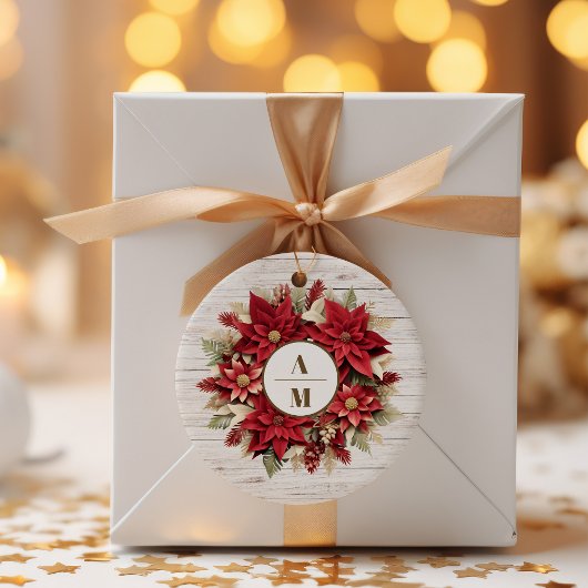Sticker Rond Mariage Rustique en bois blanc Poinsettia
