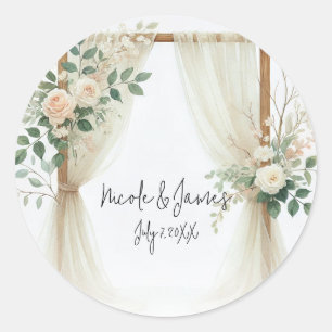 Sticker Rond Mariage Rustique en Bois Floral avec des Roses
