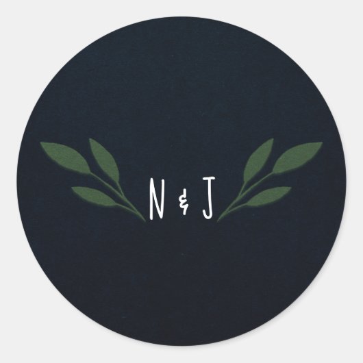 Sticker Rond Mariage Rustique Feuilles Vertes et Bleu Foncé (Devant)