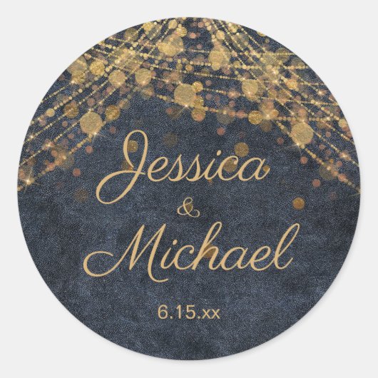 Sticker Rond Mariage Rustique Glam Bleu Nuit Or Script (Devant)