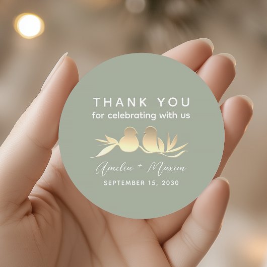 Sticker Rond Mariage Sage Green Gold Lovebirds