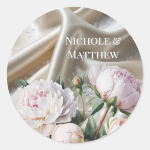 Sticker Rond Mariage Satin Blanc avec Roses et Pivoine