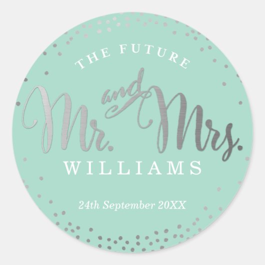 Sticker Rond MARIAGE SEAL style mini confetti menthe argent (Devant)