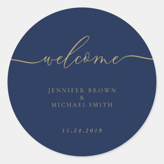 Sticker Rond Mariage Simple Navy Gold Script Welcome (Devant)