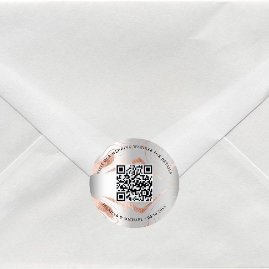 Sticker Rond Mariage site web QR code détails rsvp argent rose
