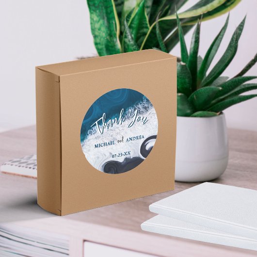 Sticker Rond Mariage sur la plage Vagues de l'océan Merci Remer