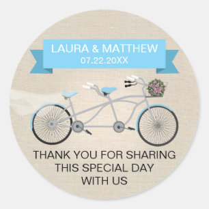 Sticker Rond Mariage tandem bleu de toile de bicyclette de Faux
