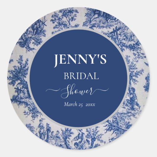 Sticker Rond Mariage Toile de Jouy Bleu et Blanc (Devant)