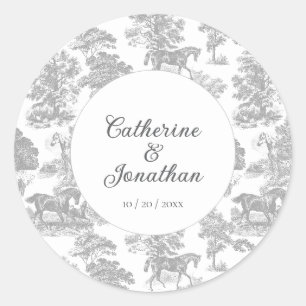Sticker Rond Mariage Toile Élégant Gris Blanc Cheval Vintage