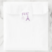 Sticker Rond Mariage Tour Eiffel Paris violet et blanc Merci (Sac)