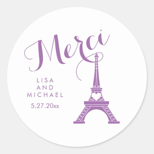 Sticker Rond Mariage Tour Eiffel Paris violet et blanc Merci (Devant)
