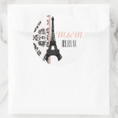 Sticker Rond Mariage Tour Eiffel rose monogramme Damask (Sac)