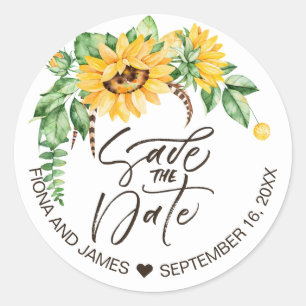 Sticker Rond Mariage Tournesol Floral Rustique Save The Date