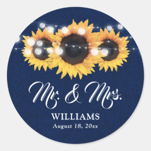 Sticker Rond Mariage Tournesol Monsieur et Madame Bleu Marine