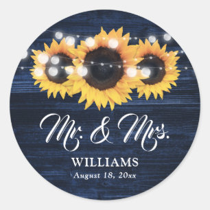 Sticker Rond Mariage Tournesol Monsieur et Madame Bois Bleu Mar