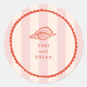Sticker Rond Mariage Tropical à Rayures Rose Coquillage