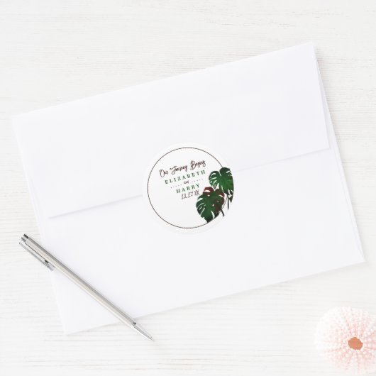 Sticker Rond Mariage tropical de la plage de Monstera (Enveloppe)