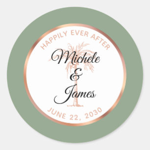 Sticker Rond Mariage Tropical Élégant Arbre à Palmes Rose Gold