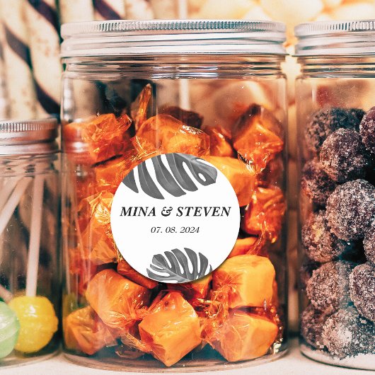 Sticker Rond mariage tropical moderne noir et blanc