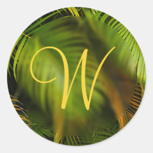 Sticker Rond Mariage tropical Monogram Palms Enveloppe Phoques