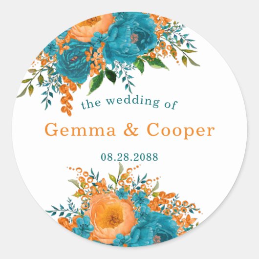 Sticker Rond Mariage turquoise et orange aquarelle (Devant)