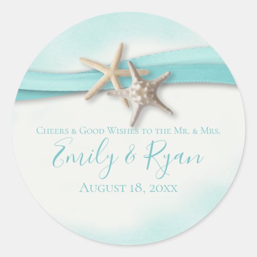 Sticker Rond Mariage turquoise Starfish et Ribbon (Devant)
