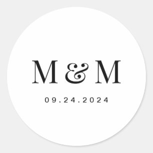 Sticker Rond Mariage Typographie Monogramme Noir et Blanc Class