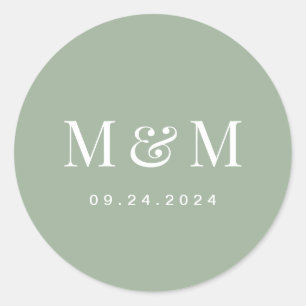 Sticker Rond Mariage Typographie Monogramme Vert Sauge Classiqu