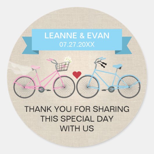 Sticker Rond Mariage Vélo bleu Faux Linen (Devant)