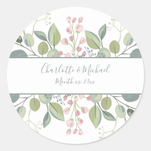 Sticker Rond Mariage vert à la menthe rose fleurie (Devant)