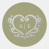 Sticker Rond Mariage vert de fougère de coeur argenté (Devant)