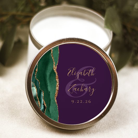 Sticker Rond Mariage Vert Émeraude Or Agate Violet Script