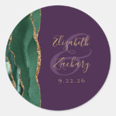 Sticker Rond Mariage Vert Émeraude Or Agate Violet Script (Devant)
