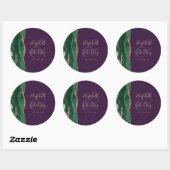 Sticker Rond Mariage Vert Émeraude Or Agate Violet Script (Feuille)